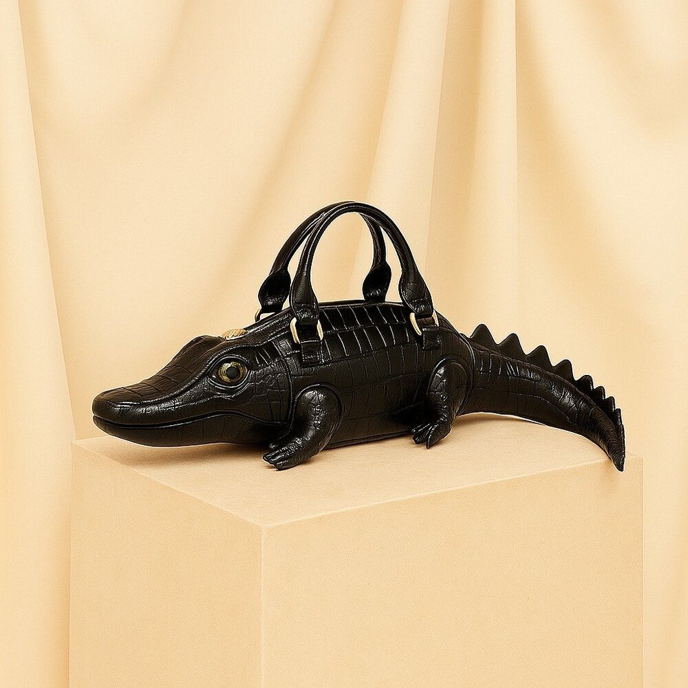 🖤 Black Crocodile Patent Leather Shaped Handbag w/strap Novelty Statement! - Picture 10 of 10
